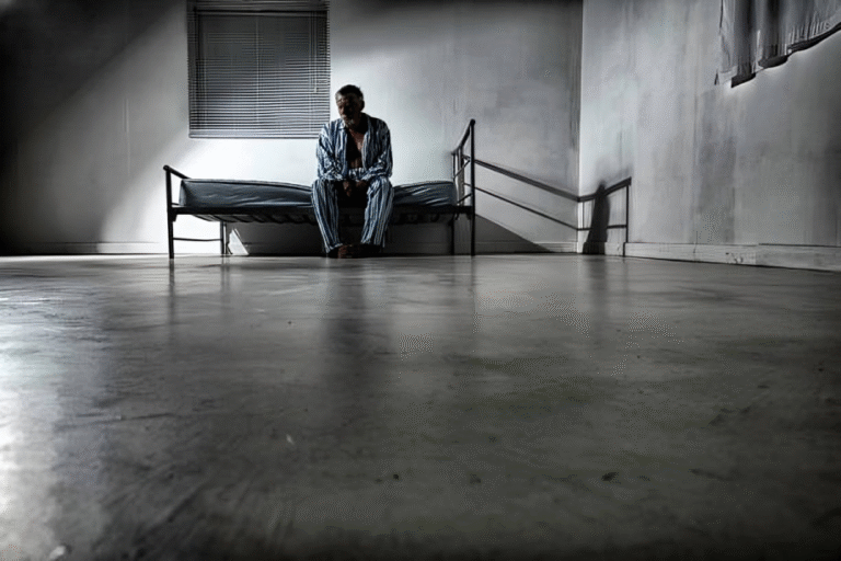 Black man sitting on a hospital bed, appearing thoughtful and concerned, representing the struggle of mental health patients in Nigeria.
