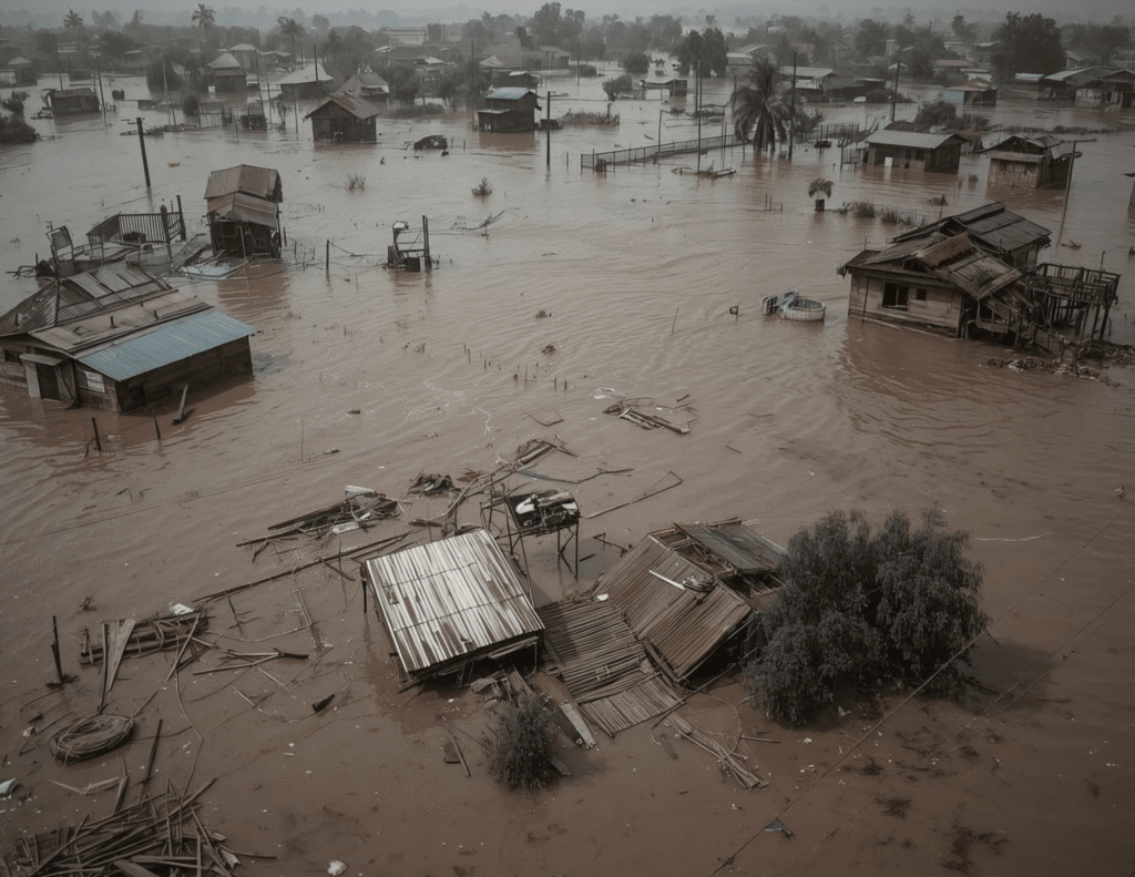 flooding and damaged houses covered in water - mental health is also health