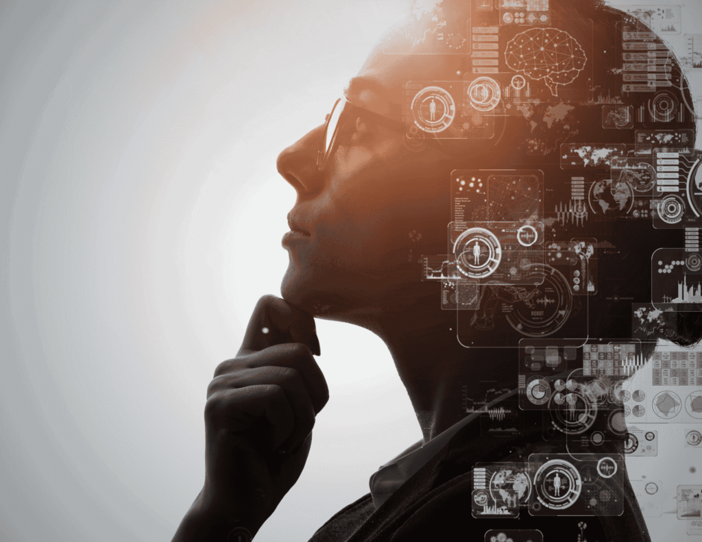 A person deep in thought with AI data and brain imagery overlaid on their mind, representing how AI is affecting you psychologically
