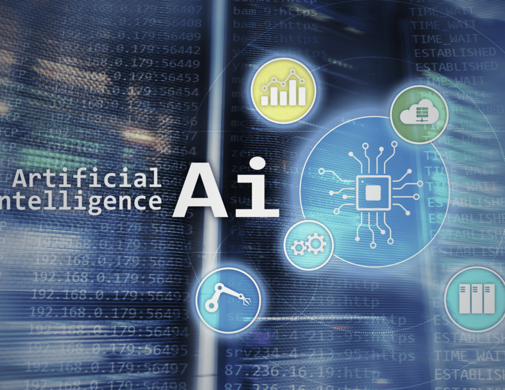 Artificial intelligence technology icons and data representing the psychological impact of AI on human mental health