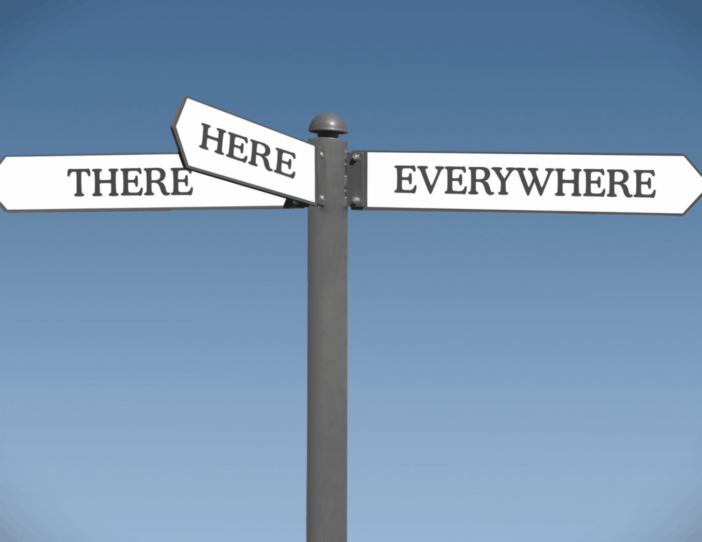 A signpost with three directional arrows pointing in different directions, labeled "Here," "There," and "Everywhere" against a blue sky