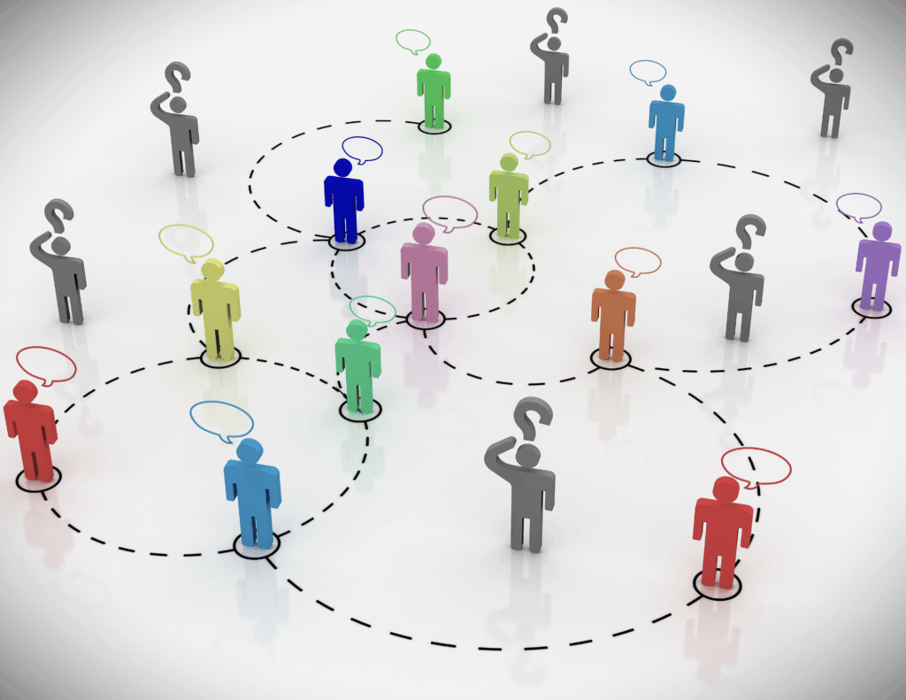 Colorful 3D human figures connected by dashed circular lines, some with speech bubbles and others with question marks, forming a social network diagram