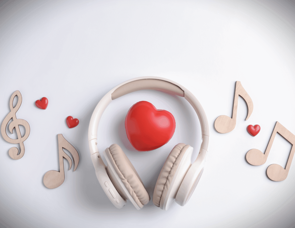 Beige wireless headphones surrounding a red heart, with wooden music notes and small red hearts scattered around on a white background