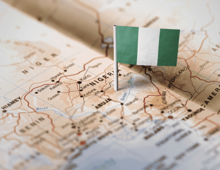 Map of Nigeria with Nigerian flag pin highlighting mental health NGOs across Nigeria