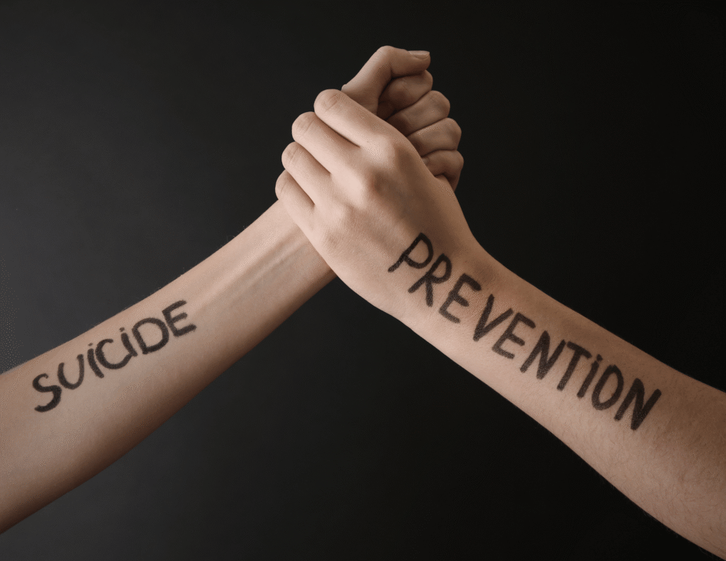 Two hands clasped together with the words suicide prevention written on them representing the fight against teen suicide in Africa